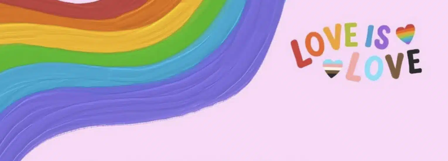 A pastel rainbow painted across a light pink background with the words