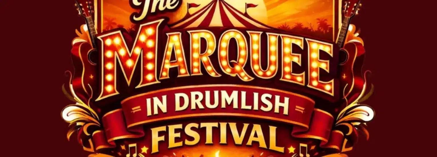Colourful poster with a circus tent at the top, displaying large illuminated text:
